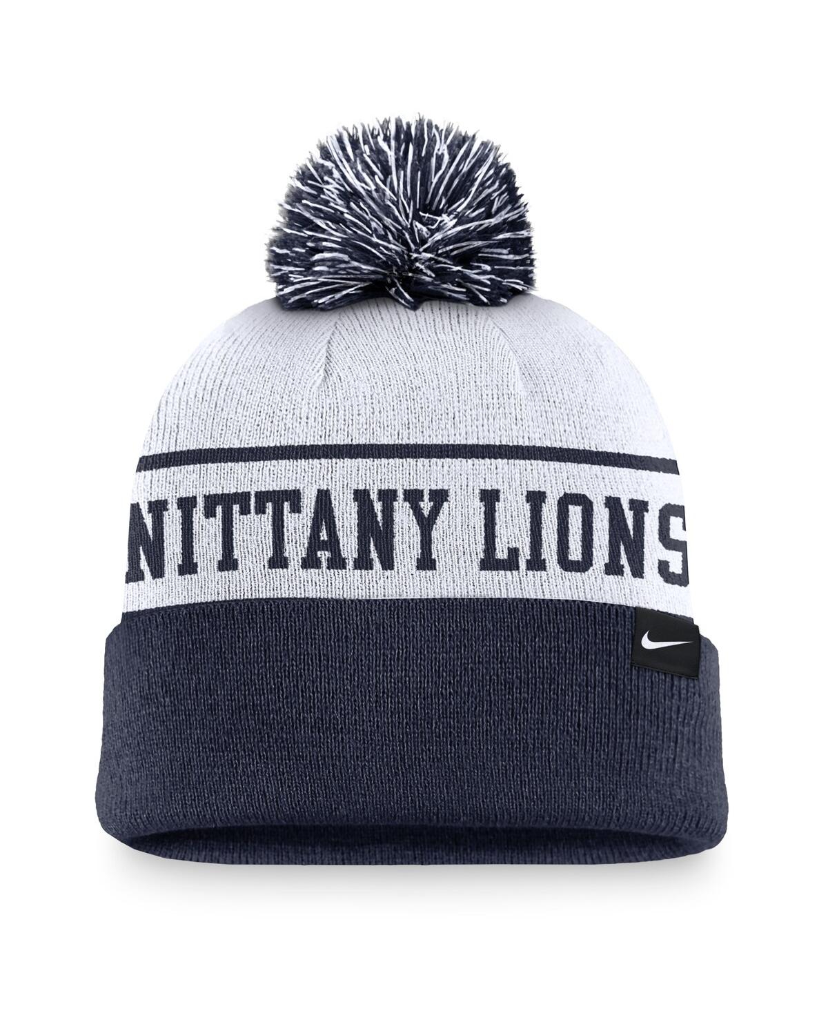 Nike Men'sNavy Penn State Nittany Lions Local Peak Cuffed Knit Hat with Pom - White, Navy