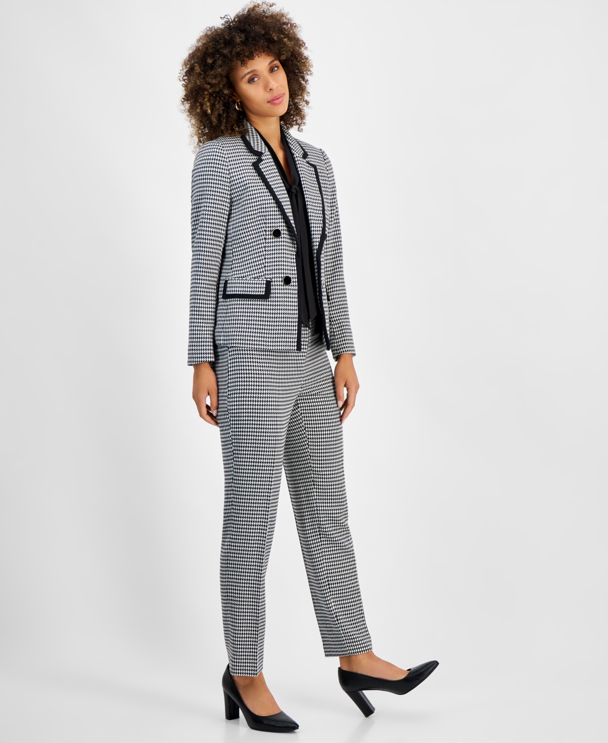 Kasper Women's Faux Double-Breasted Houndstooth Blazer, Regular and Petite Sizes -White