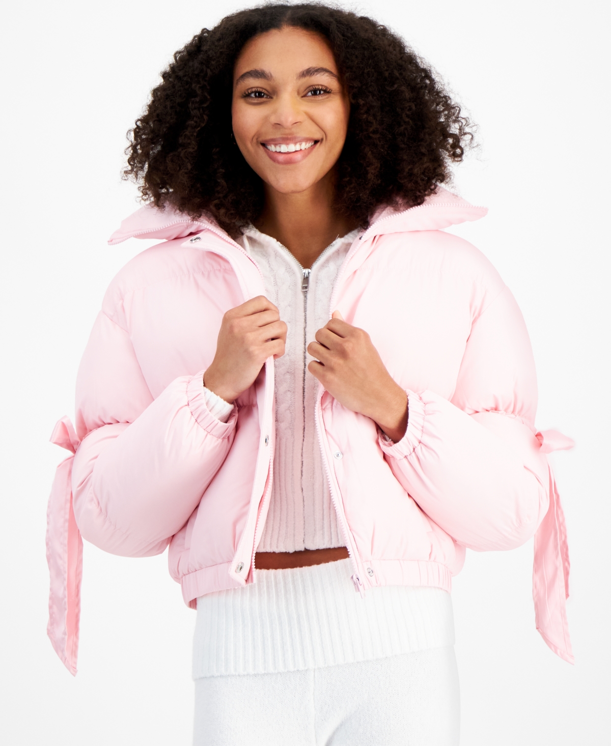 Madden Girl Juniors' Bow-trim Puffer Jacket In Pink