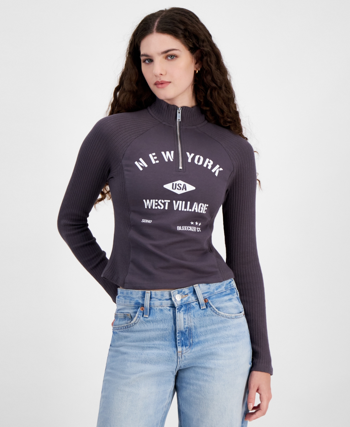 Juniors' Half-Zip Ribbed Graphic Long Sleeve Top - Gray