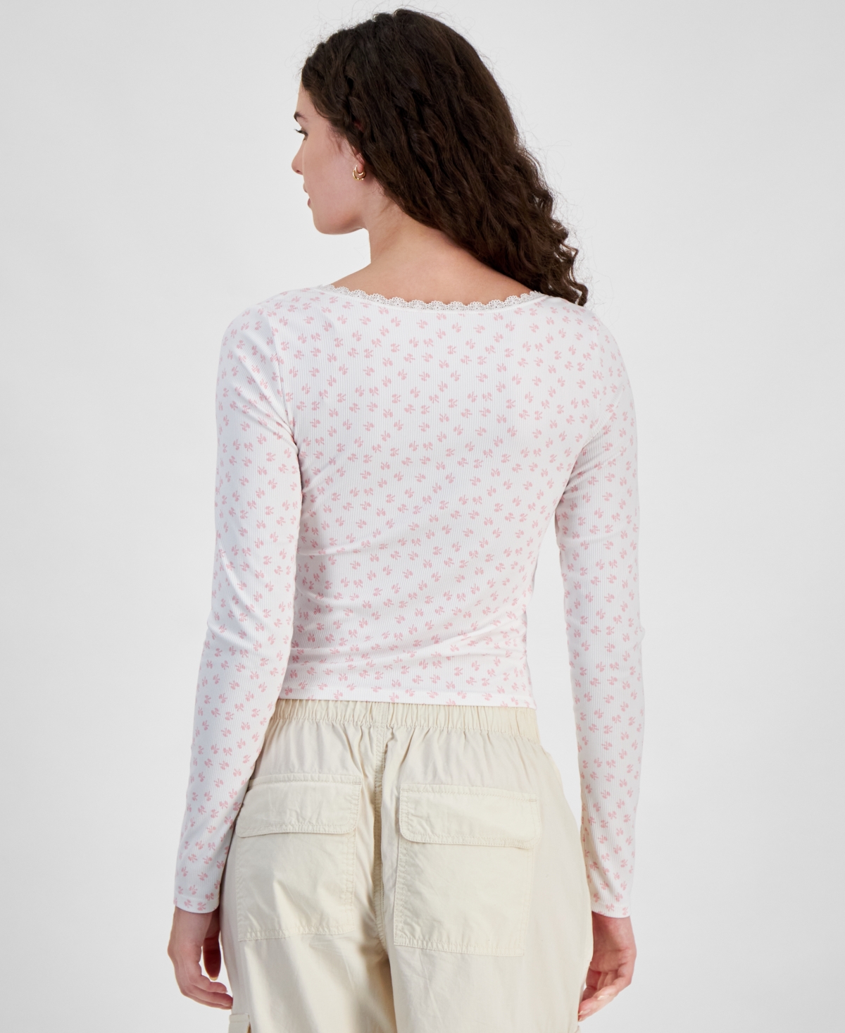 Just Polly Juniors' Ribbed Lace-Trim Scoop-Neck Top