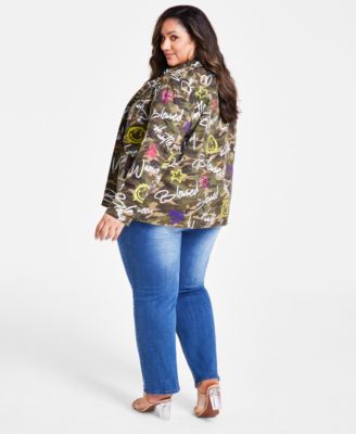 Nina Parker Trendy Plus Size Cotton Camouflage Affirmation Button-Front Jacket