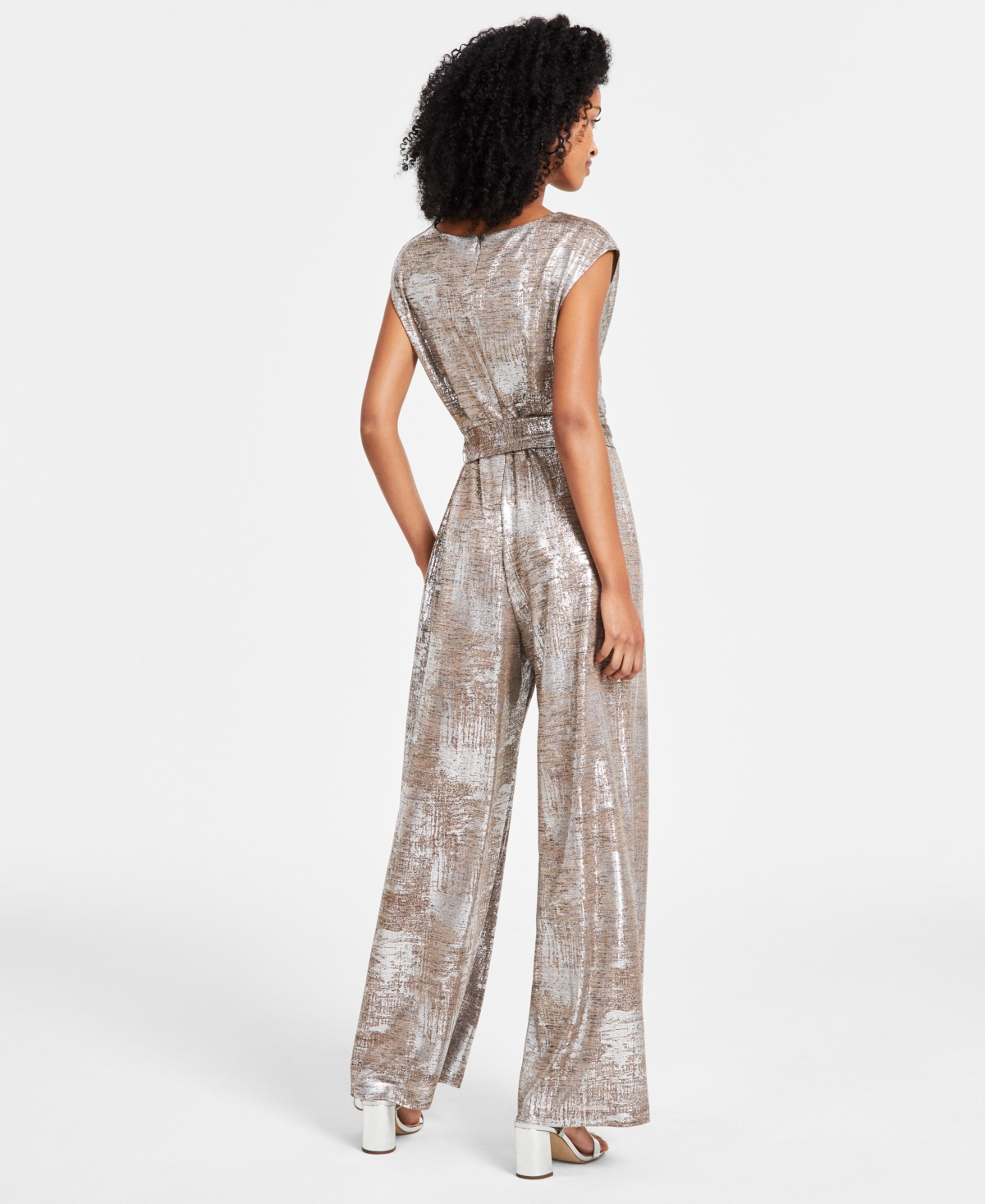 Connected Women's Metallic Cowl-Neck Jumpsuit -Silver