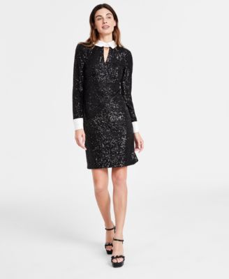 KARL LAGERFELD PARIS - Women's Collared Sequin French Cuff Dress