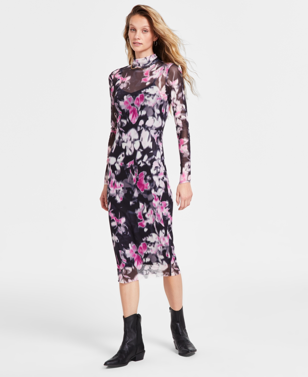 Steve Madden Vivienne Floral Long Sleeve Turtleneck Mesh Midi Dress In Black Multi