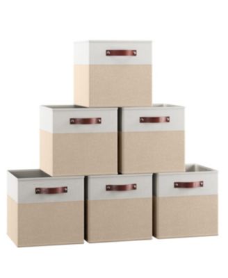 6 Pack Collapsible Linen Storage Cube Bin with Leather Handles - 11 Inch
