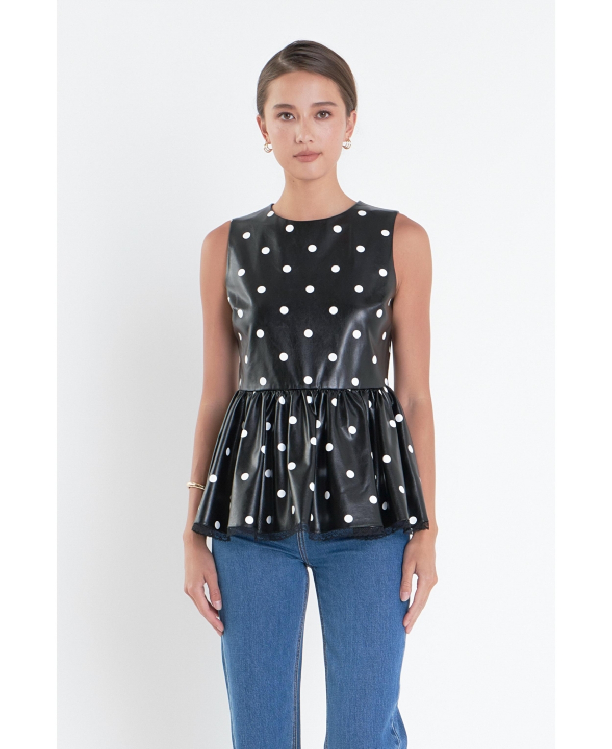 English Factory Women's Pu Polka Dot Top -white