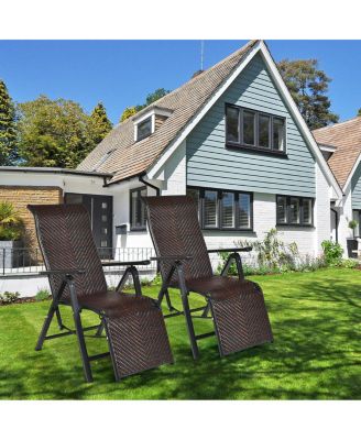 2PCS Patio Rattan Folding Lounge Chair Recliner Back Adjustable Beach Yard Pool