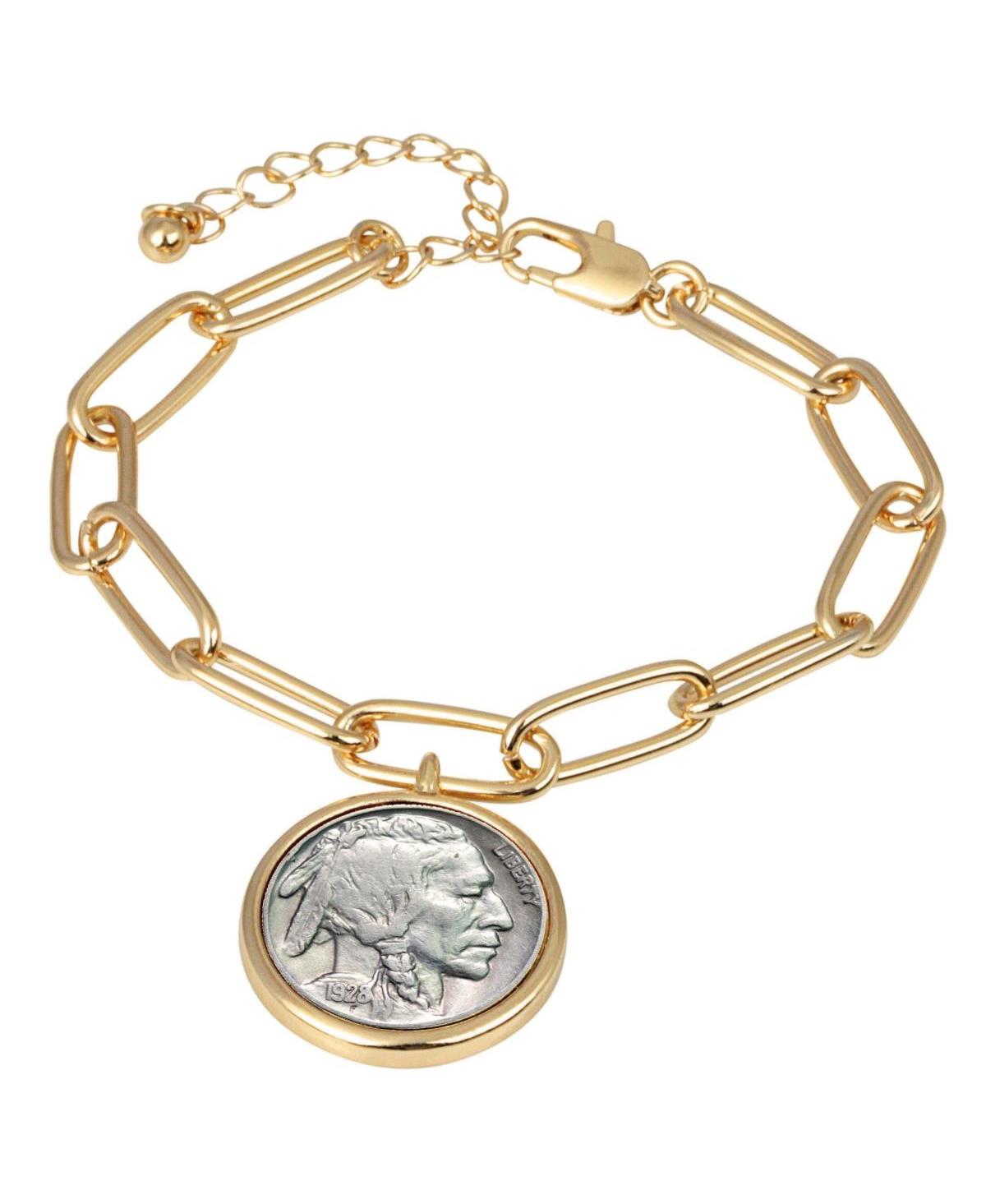 16458 Buffalo Nickel Coin Goldtone Elongated Link Bracelet - Silver