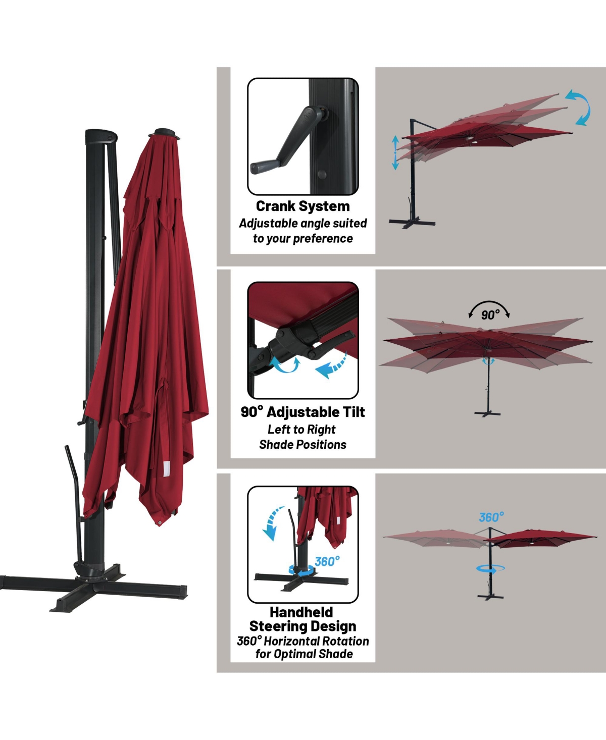 Boyel Living ft. 360°Rotation Square Cantilever Patio Umbrella with Bluetooth Speaker and Led Light