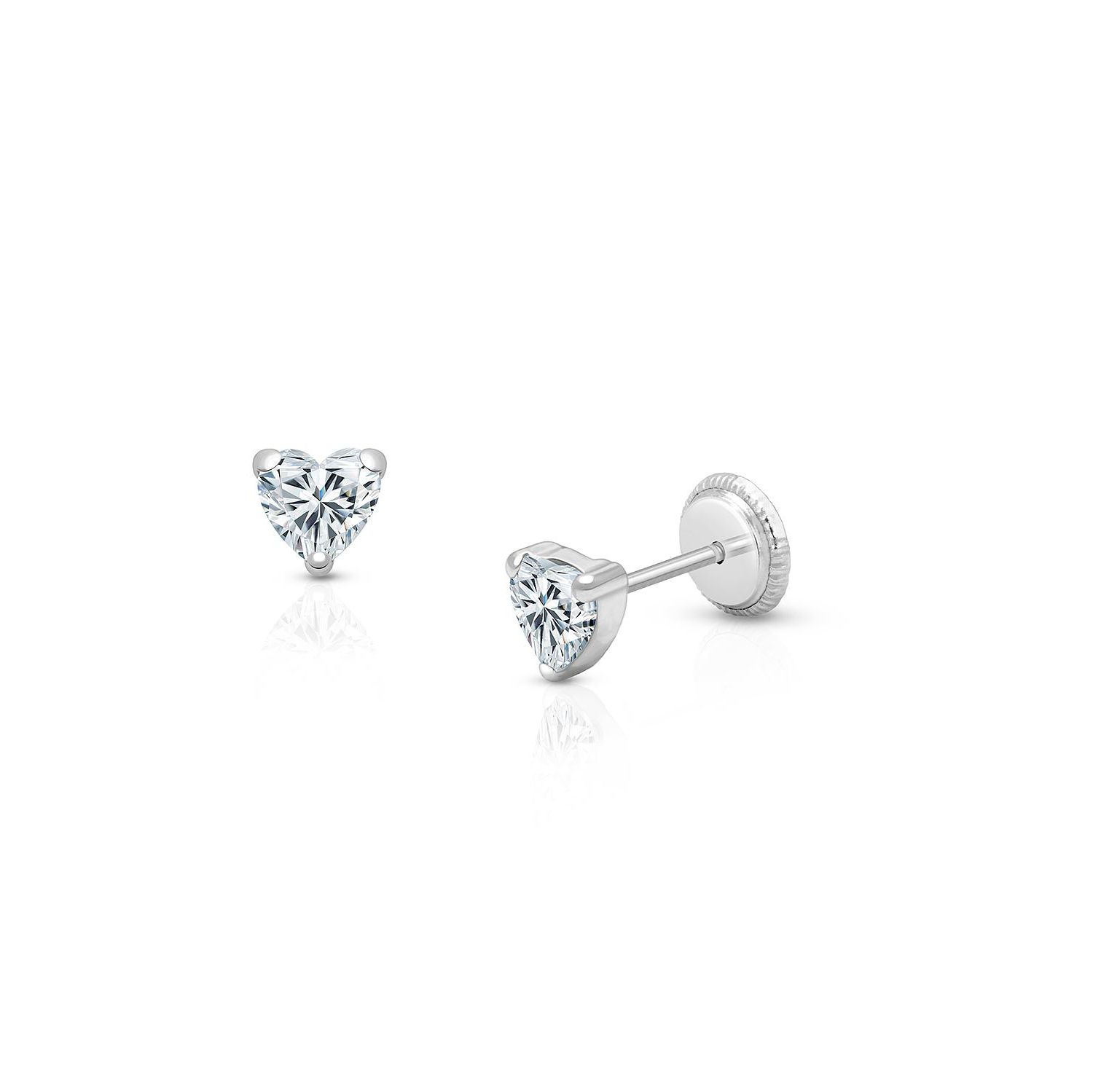14K Gold Clear Heart Stud Screw Back Earrings