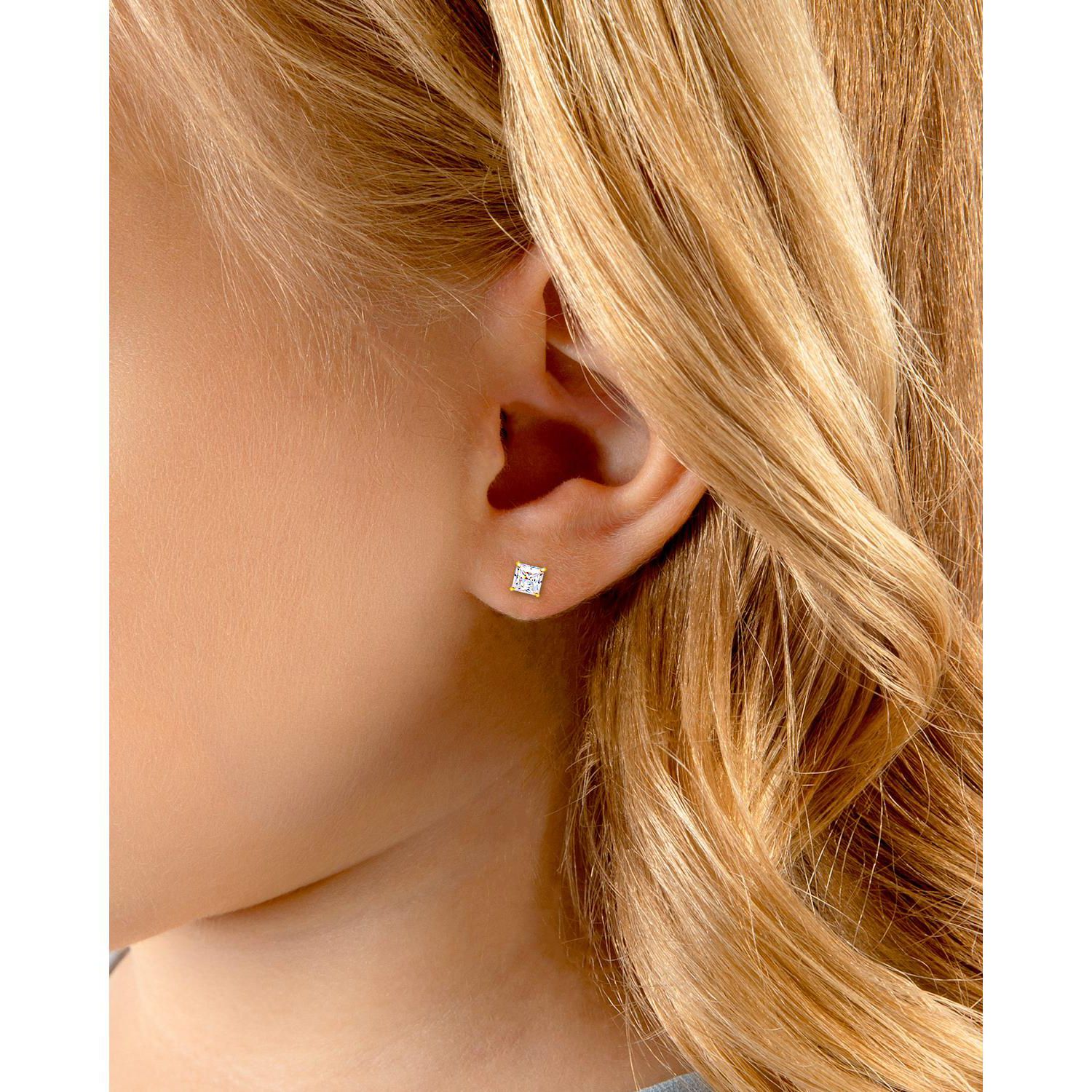 14K Gold Princess Cut Studs Screw Back Earrings