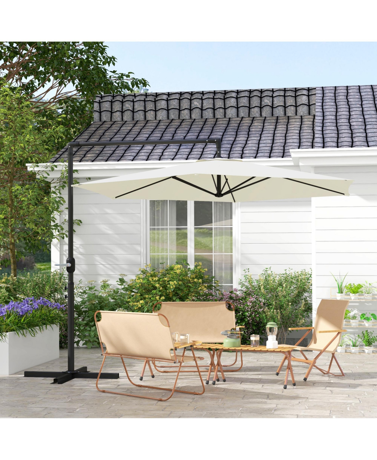 9.5FT Cantilever Patio Umbrella w/ Crank Cross Base Hanging Offset Umbrella, Beige - Beige