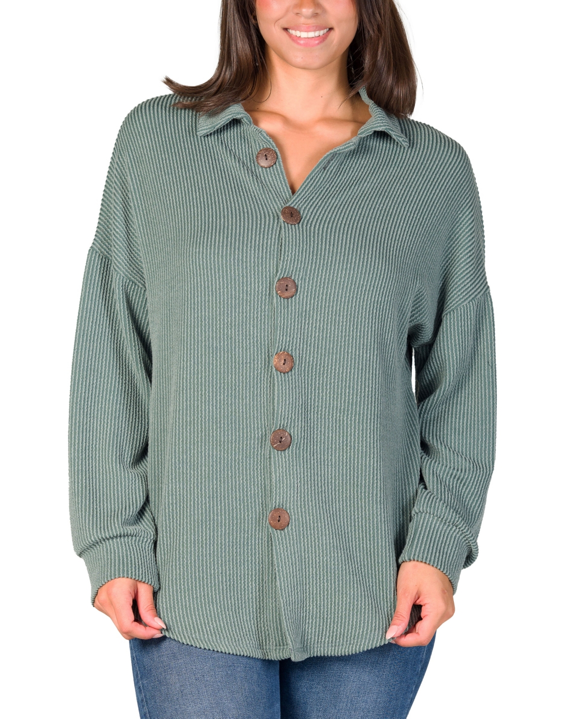24seven Comfort Apparel Women's Ribbed Button Up Long Sleeve Collared Shirt Jacket In Green