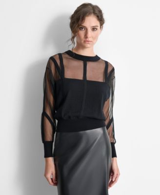 DKNY - Women's Round-Neck Mixed-Media Long-Sleeve Sweater