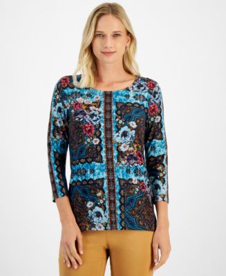 売れ筋商品|||ジェイエムコレクション カットソー トップス レディース Women's Printed 3/4 Sleeve Jacquard Top, Created for Macy's Windswept JM Collection Women's Printed 3/4 Sleeve Jacquard Top