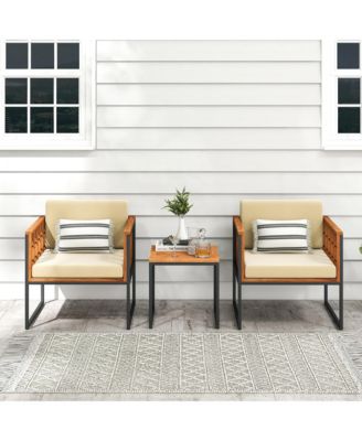 3 Pieces Patio Furniture Set Acacia Wood Bistro Conversation Set w/ 2 Cushioned Chairs Beige