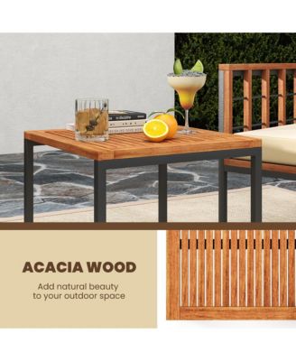 3 Pieces Patio Furniture Set Acacia Wood Bistro Conversation Set w/ 2 Cushioned Chairs Beige
