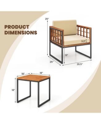 3 Pieces Patio Furniture Set Acacia Wood Bistro Conversation Set w/ 2 Cushioned Chairs Beige