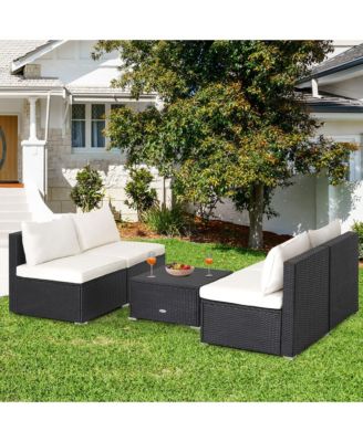 5PCS Patio Outdoor Rattan Sofa Conversation Set w/ Seat & Back Cushions Off White