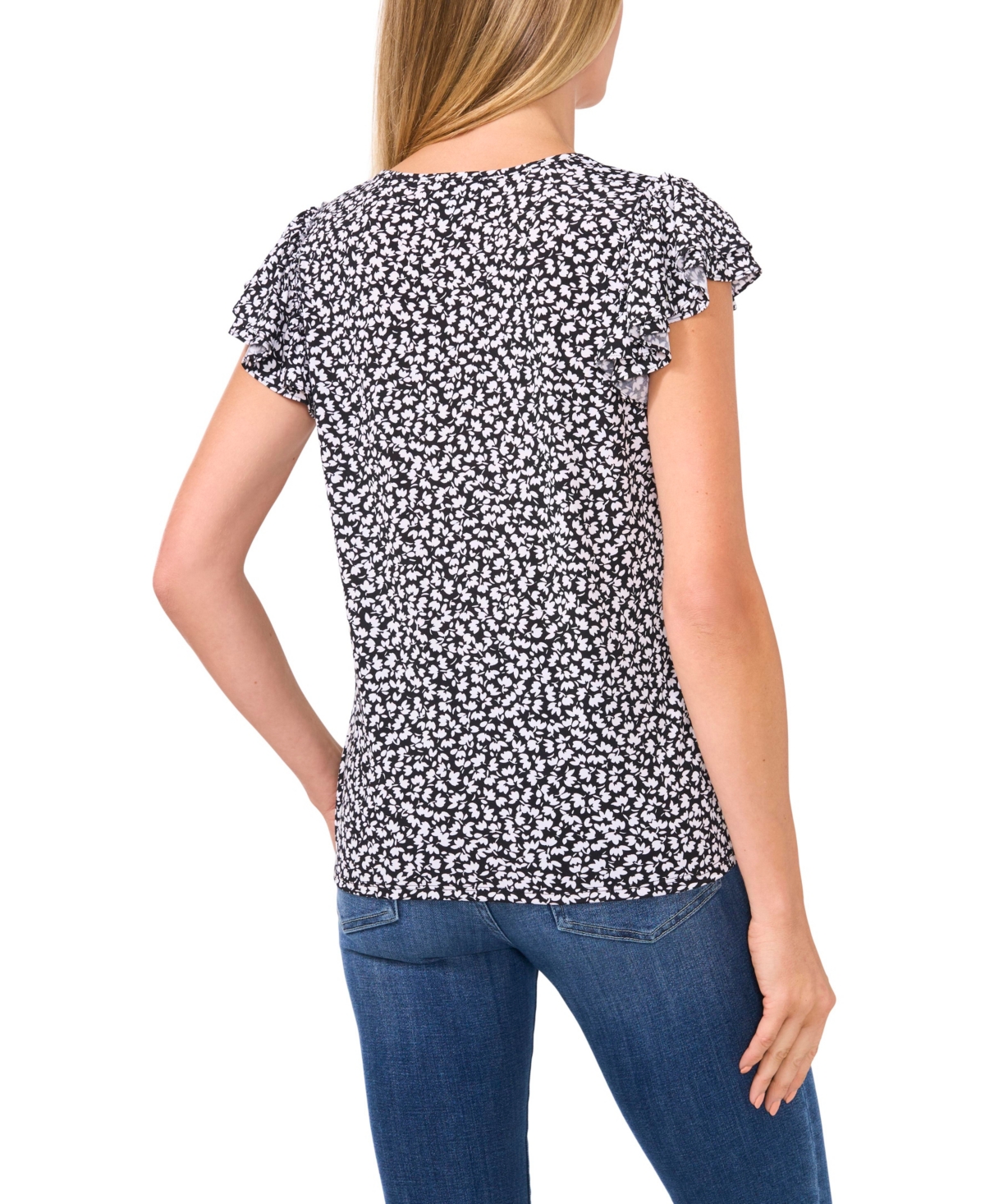 CeCe Women's Tiny Floral Printed Double Ruffle Knit Blouse