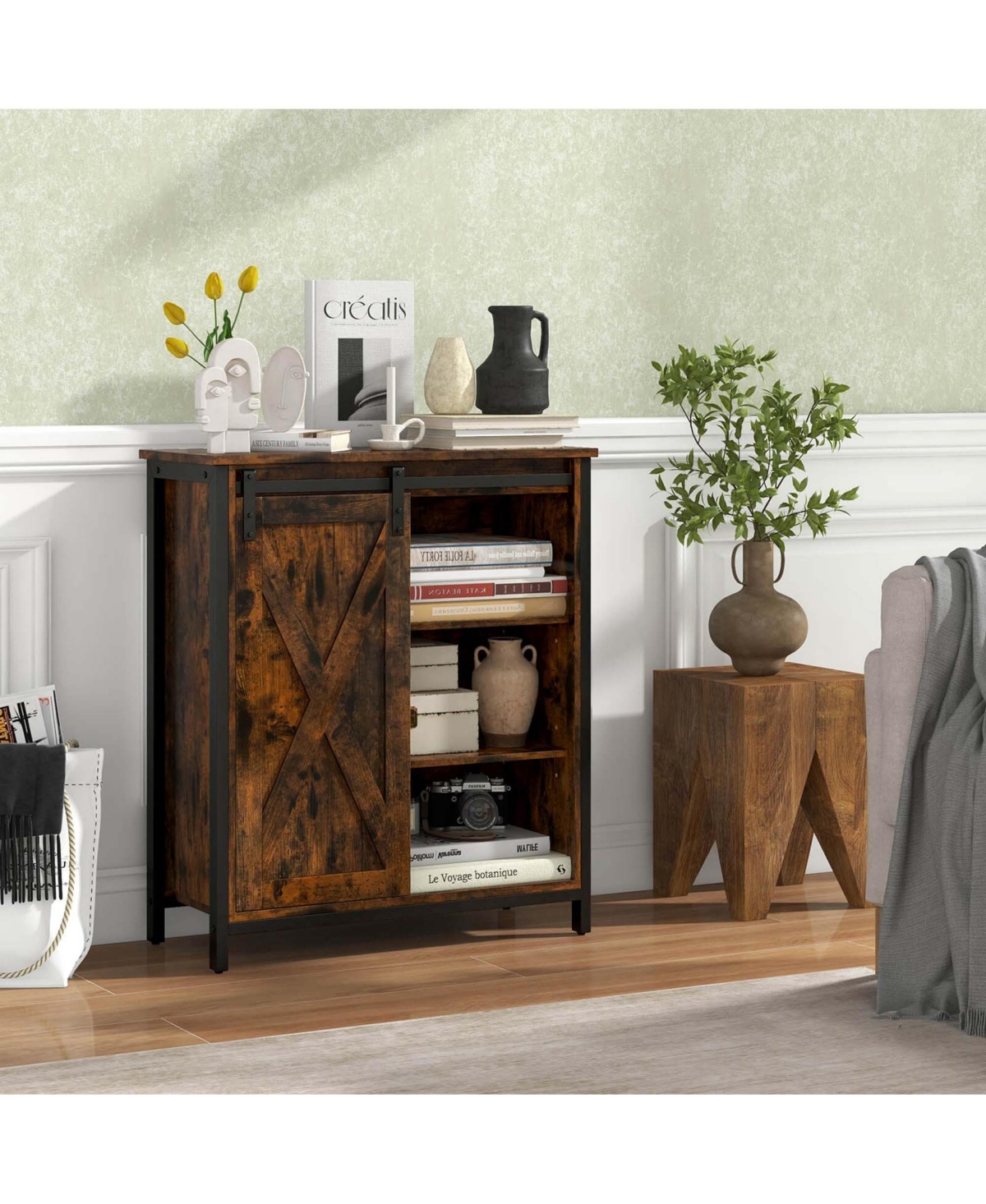 Costway Farmhouse Accent Storage Cabinet with Sliding Barn Door & Adjustable Shelves