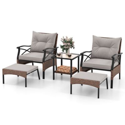 5 PCS Patio Furniture Set with 2-Tier Coffee Table & 2 Ottomans Cushions Included