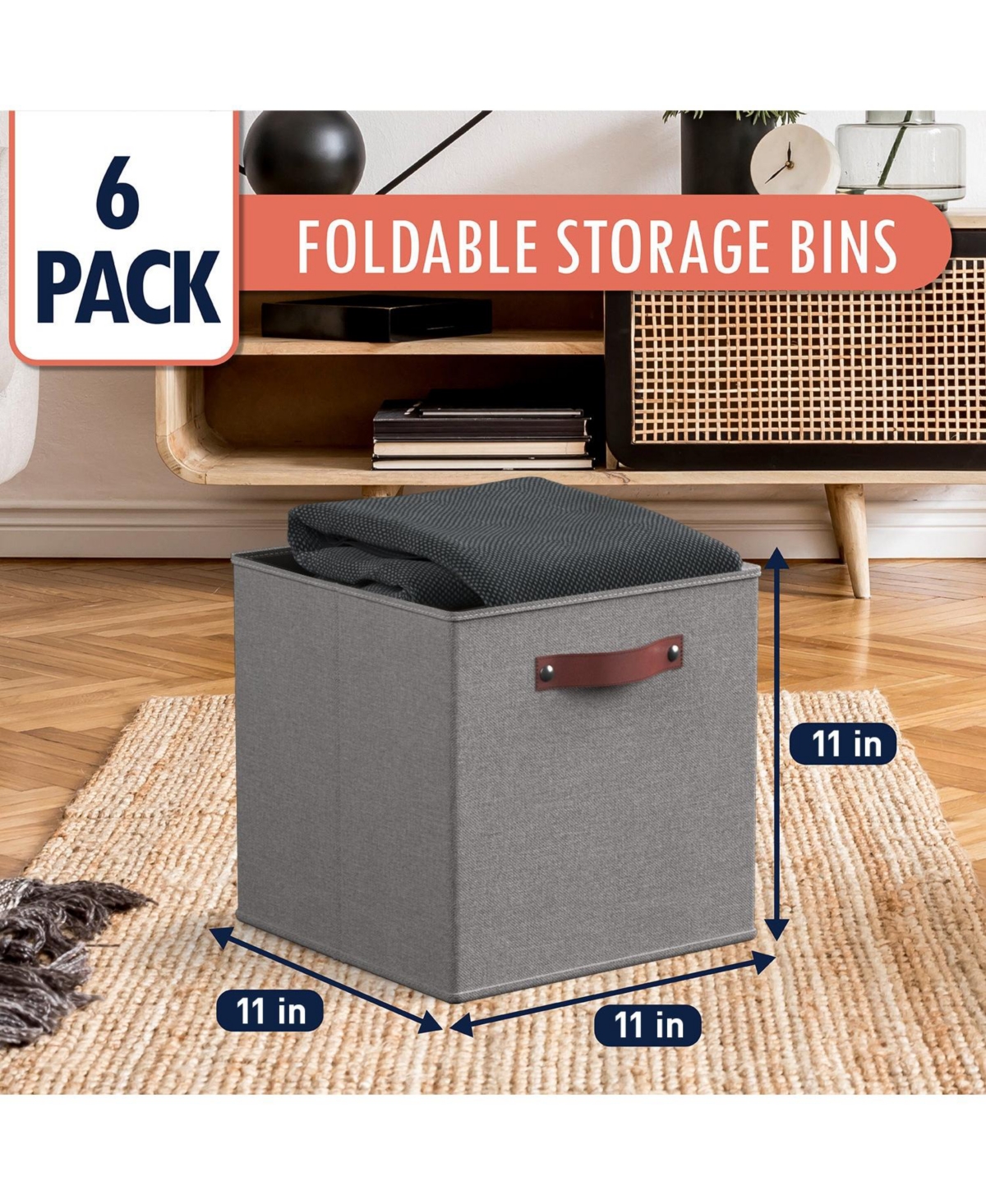Ornavo Home 6 Pack Collapsible Linen Storage Cube Bin with Leather Handles - Inch