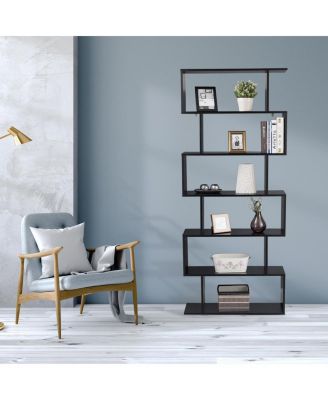 6 Tier S-Shaped Bookcase Z-Shelf Style Storage Display Modern Bookshelf Black