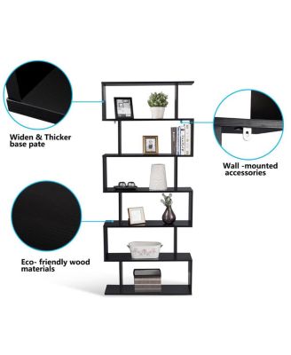 6 Tier S-Shaped Bookcase Z-Shelf Style Storage Display Modern Bookshelf Black