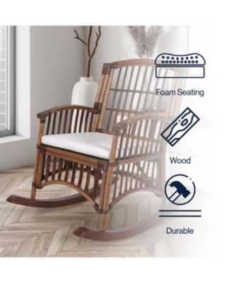 Swayze Bohemian Farmhouse Woven Rattan/Wood Rocking Chair, White Cushion with Brown Frame