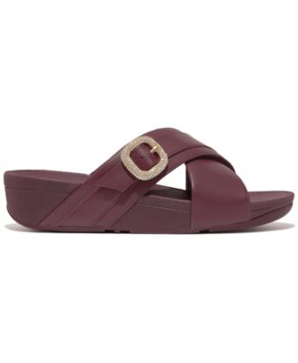 Women's Lulu Crystal Buckle Leather Cross Slides Flats