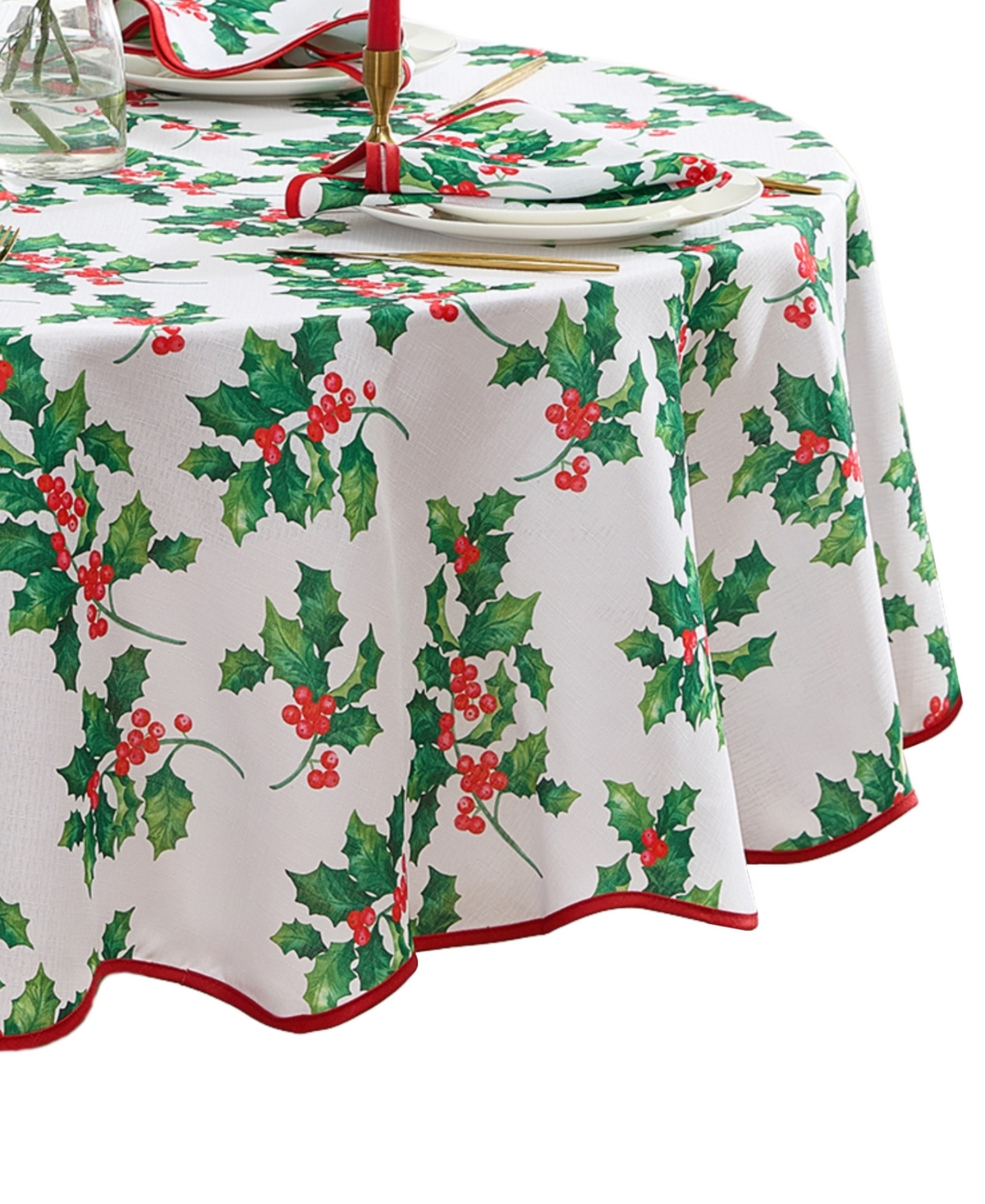 Elrene Classic Holly Scallop Border Oval Tablecloth, 84"x 60" In Multi