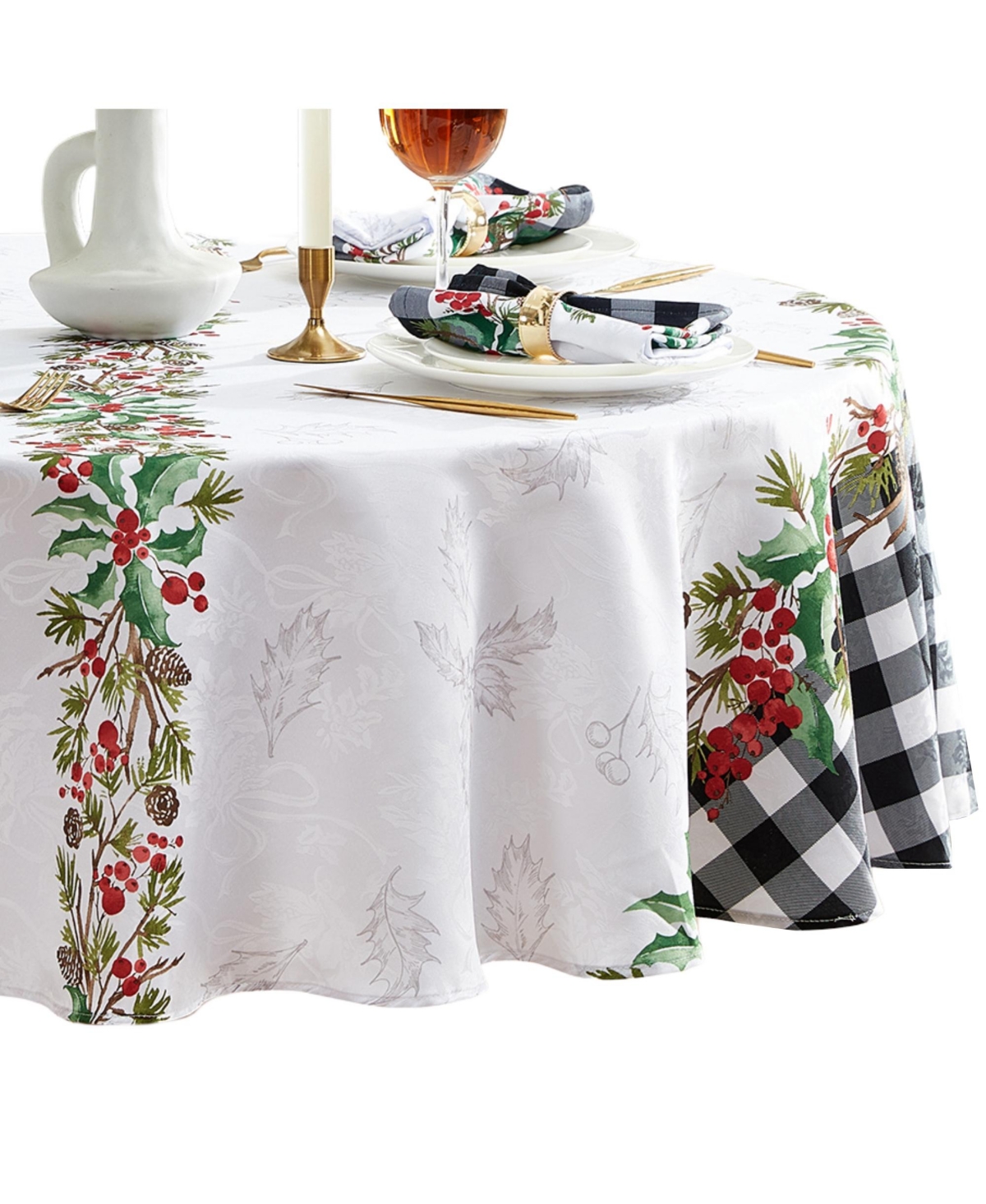 Elrene Holly Farmhouse Charm Holiday Fabric Round Tablecloth, 70"x 70" In Multi