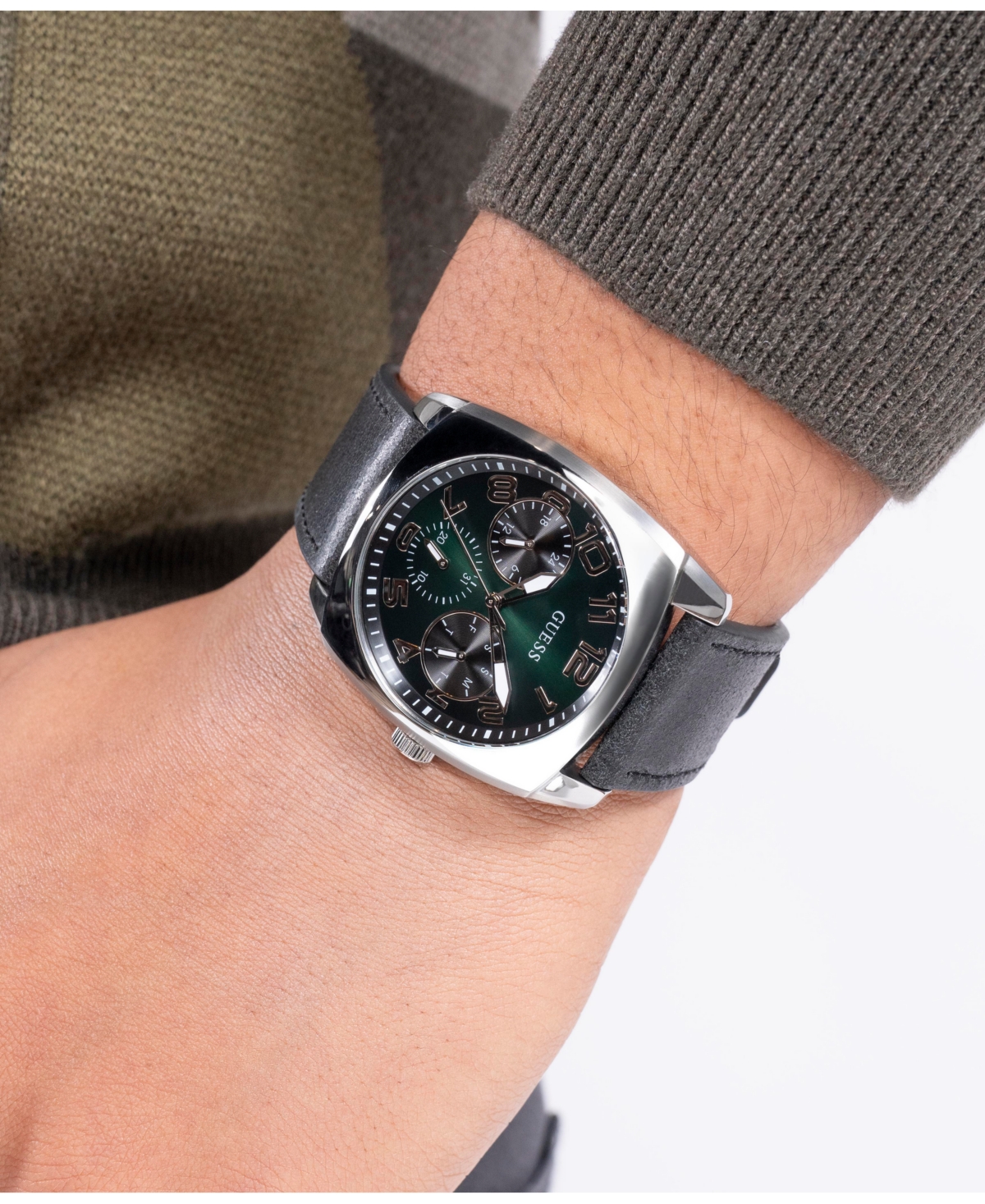 Guess Men's Multi-function Black Genuine Leather Watch 41mm In Black