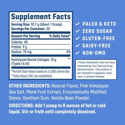 Collagen Peptides - Type 1 & 3 Grass-Fed Powder for Hair, Skin, Nails, Bones & Joints. Keto, Paleo, Gluten-Free (Vanilla Bean, 230g)