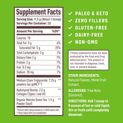 Collagen Peptides - Hydrolyzed Type 1 & 3 Collagen. Keto & Paleo Grass-Fed Protein Powder for Hair, Skin, Nails, Bones, Joints, Digestion and More - No Gluten or Dairy (Matcha Latte, 228g)