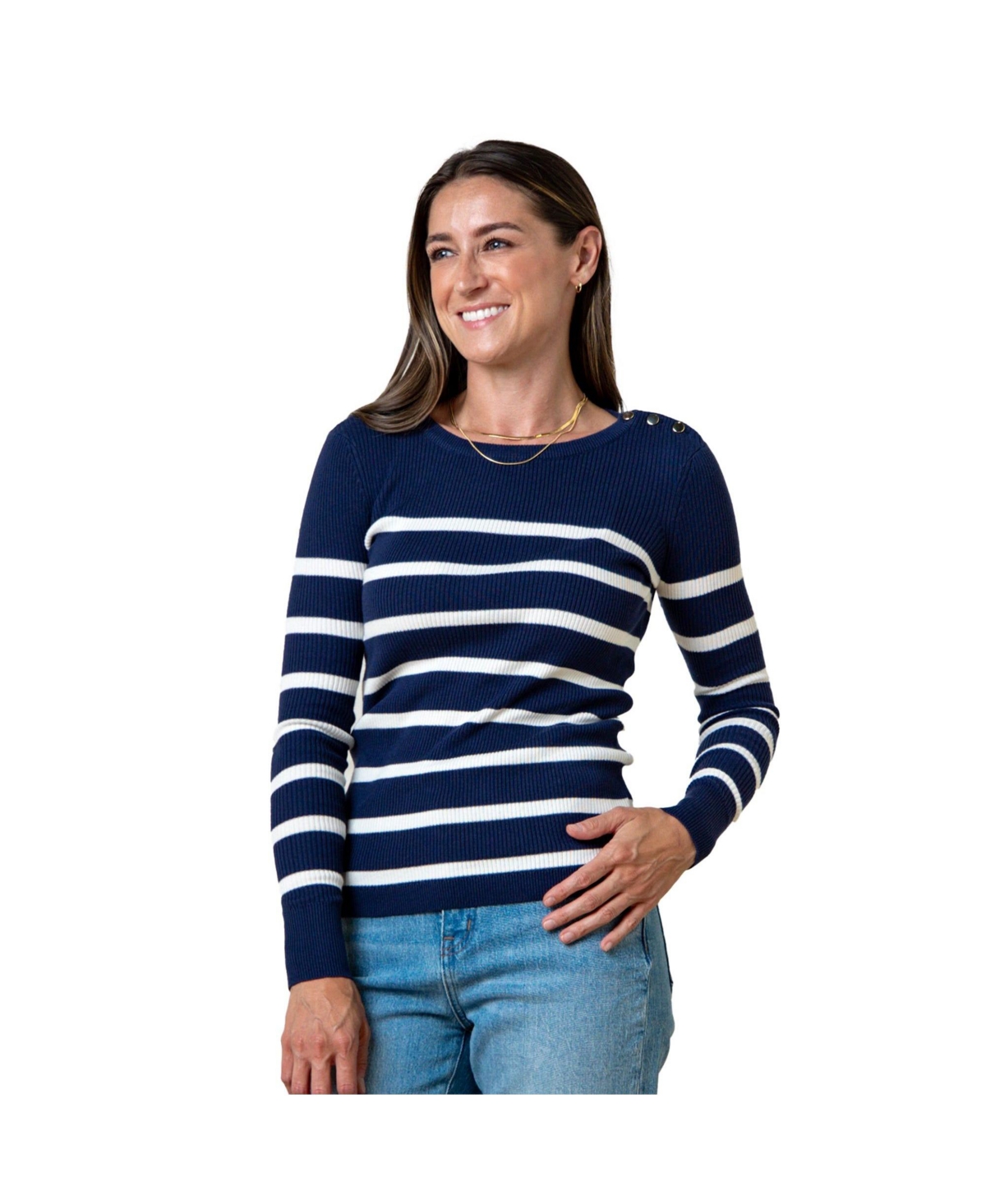 Women's Long Sleeve Breton Button Sweater Made from Organic Cotton - Navy breton stripe