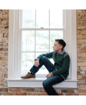 Boys Organic Long Sleeve Sporty Crew Neck Sweater with Stripe Piecing