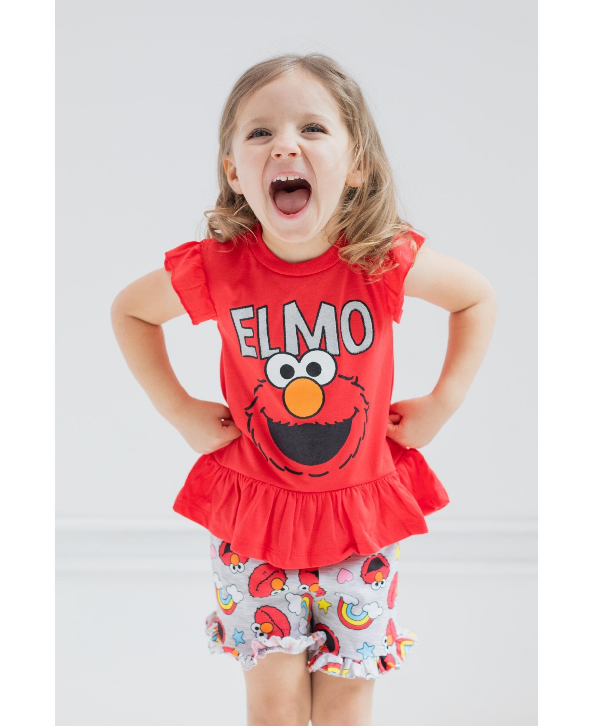Sesame Street Baby Girls Elmo Peplum T-Shirt and French Terry Shorts Outfit Set