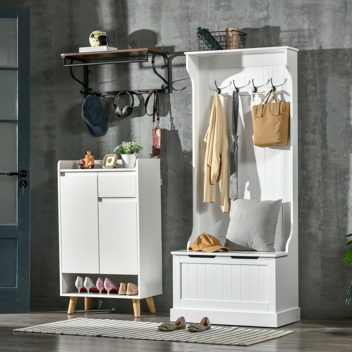 Homcom Hall Tree with Coat Rack, Storage and Sitting Bench, White