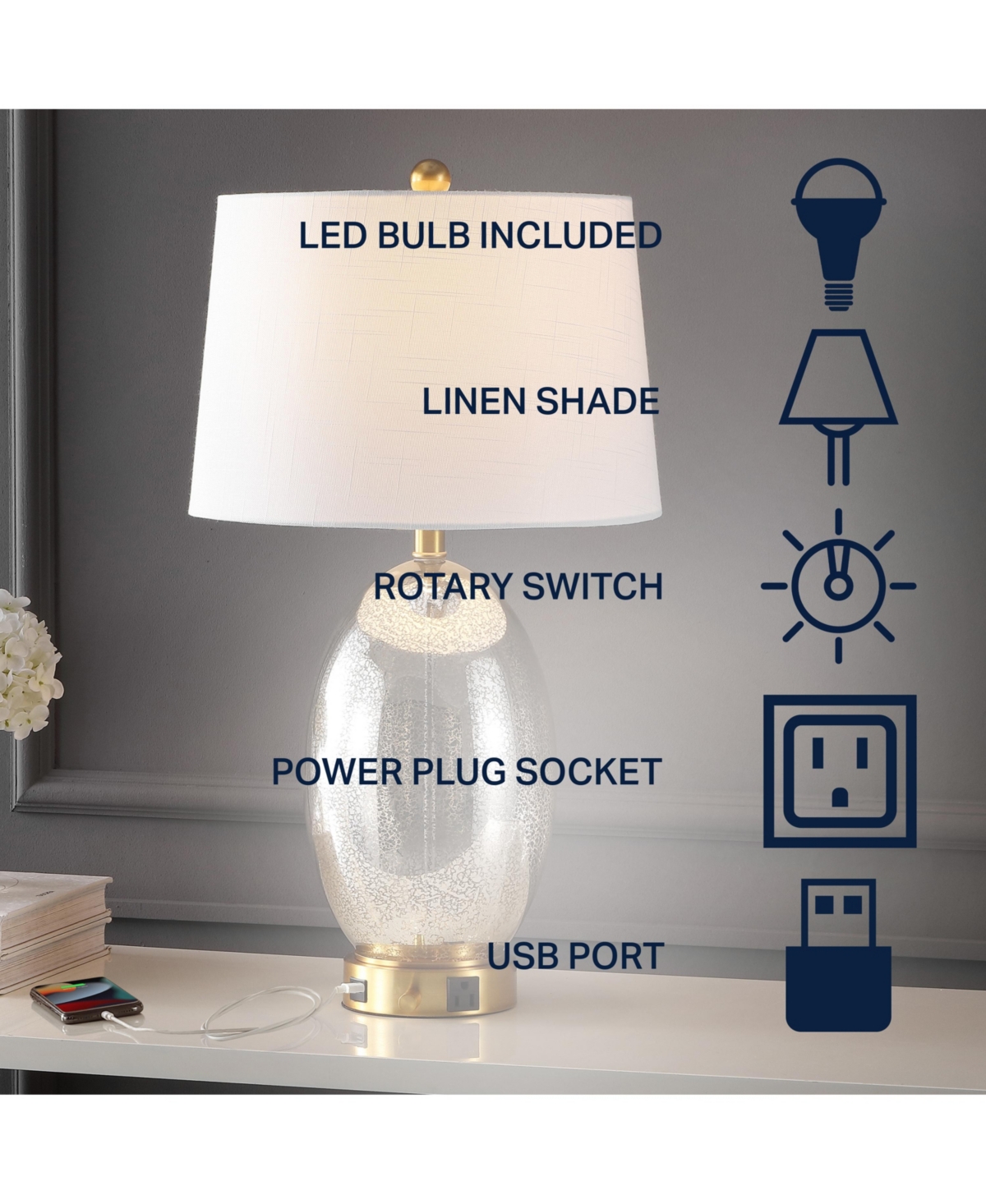 Jonathan Y Reese 26.5" 1-Outlet Contemporary Style Iron/Glass Led Table Lamp with Usb Charging Port, Silver/Brass Gold
