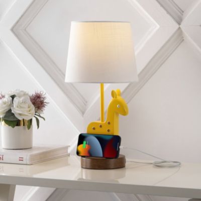 Sahara 17.5" Mid-Century Vintage Iron/Resin Giraffe LED Kids' Table Lamp with Phone Stand and USB Charging Port, Yellow