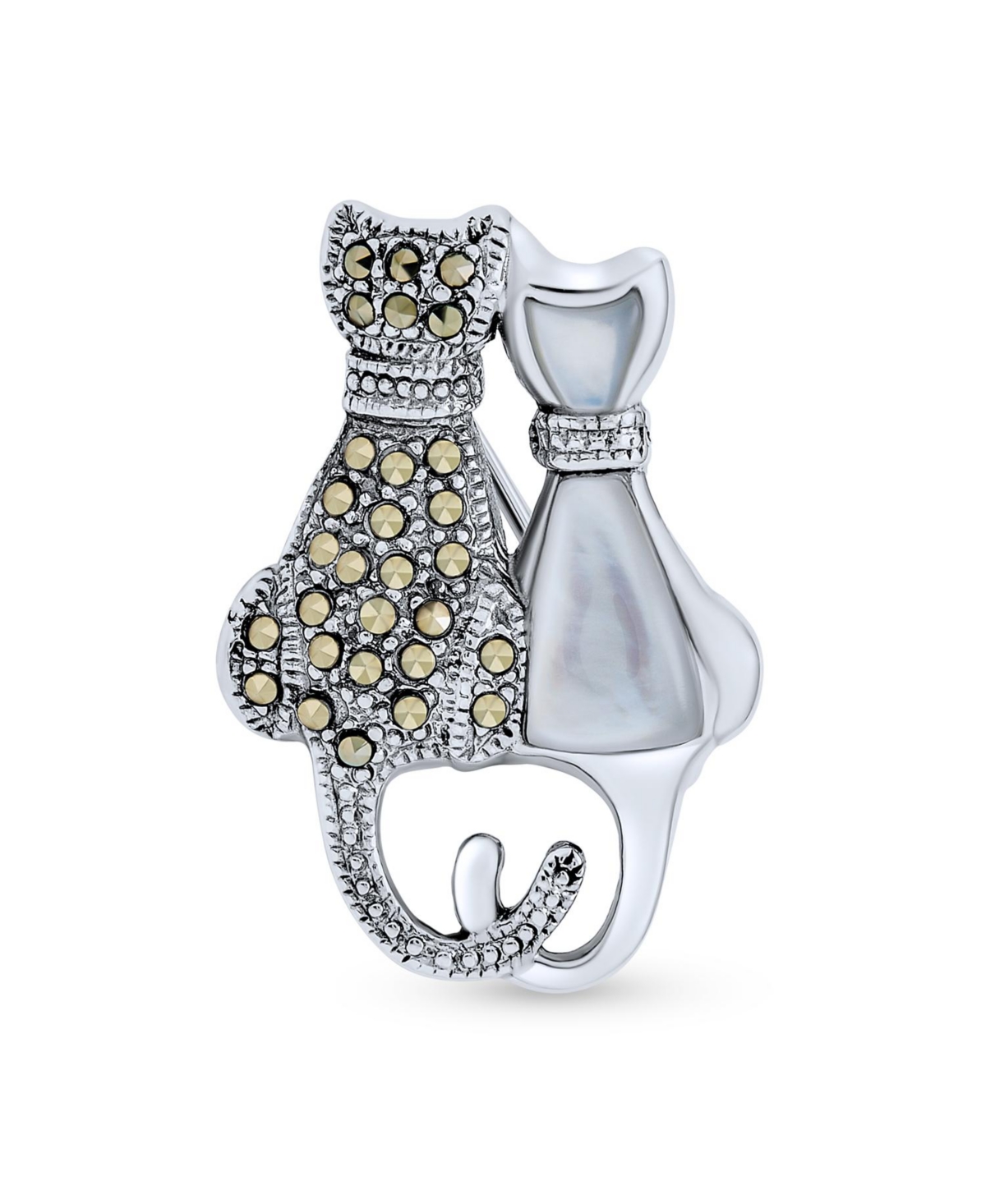Black & White Marcasite Cat Brooche Pin Sterling Silver Pearl & Onyx - White