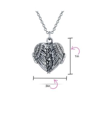 Dome Large Guardian Angel Wing Feathered Heart Shaped Photo Locket Holds Photos Pictures Oxidized Silver Necklace Pendant