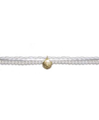 Sterling Silver 14k Yellow Gold Plated Pearl Chain Anklet with Dangling Shell