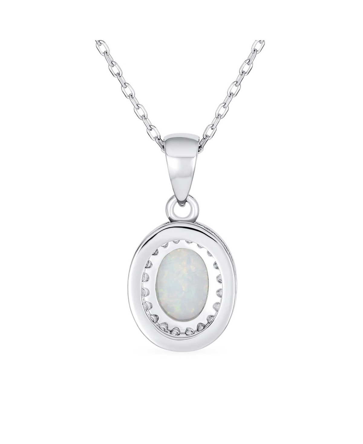 Bling Jewelry Elegant Cz Accent Halo SolitaireRainbow Synthetic Opal Oval Necklace Pendant For Women Sterling Silver - White