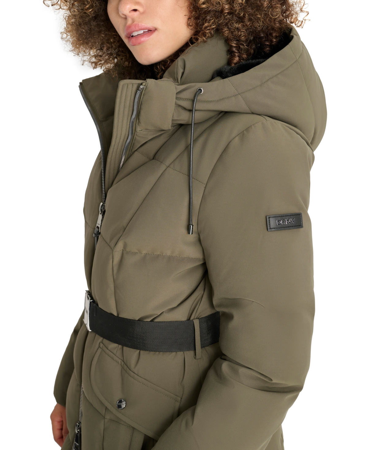 Shop Dkny Womens Maxi Belted Hooded Puffer Coat In Loden
