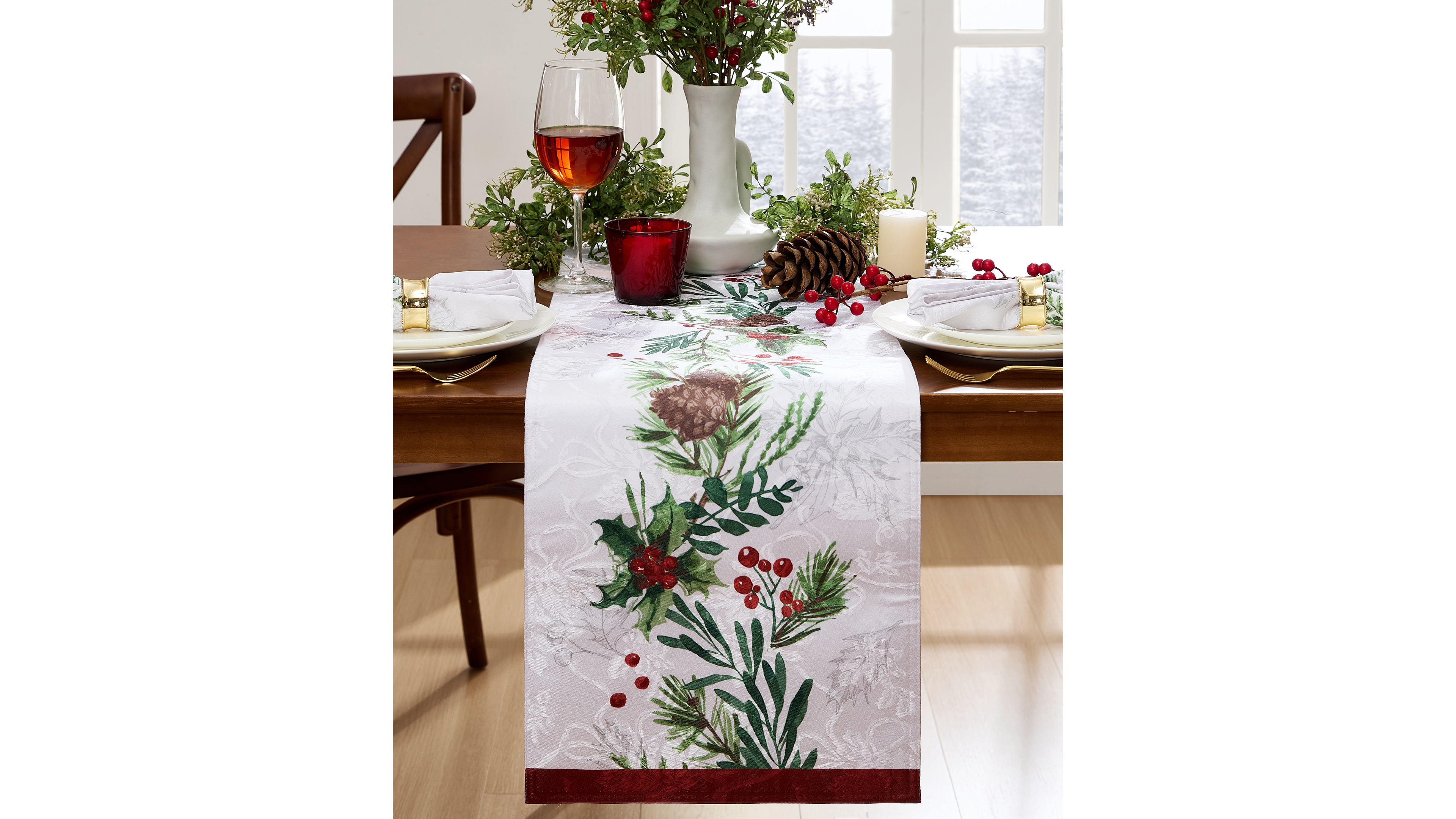 Elrene Holly Berry Flourish Holiday Fabric Table Runner, 70"x 14"