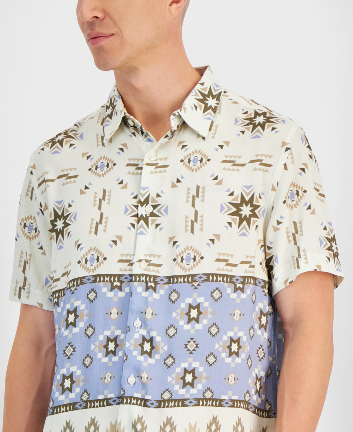 Guess Men'sRelaxed Fit Short Sleeve Button-Front Aztec Shirt - SANTA FE